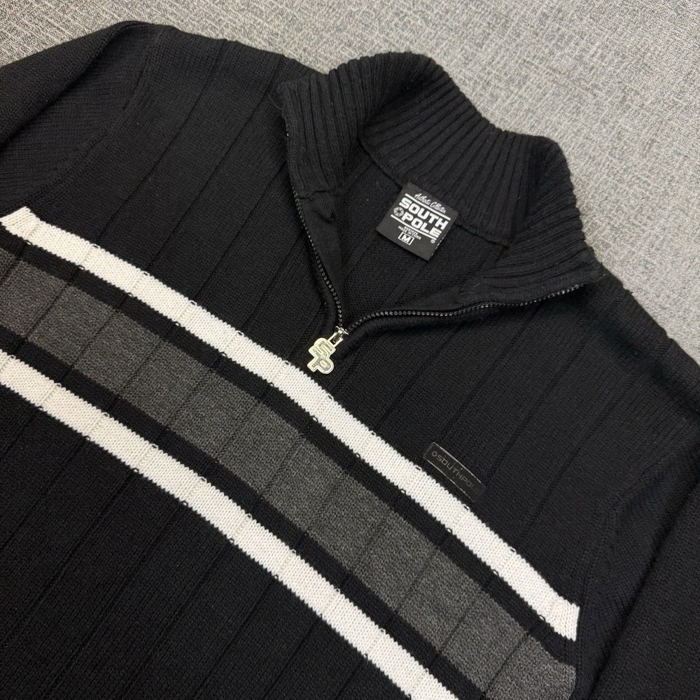 Y2K South Pole‎ Sweater Mens Medium Black Gray Mock Turtleneck Striped Rib Knit